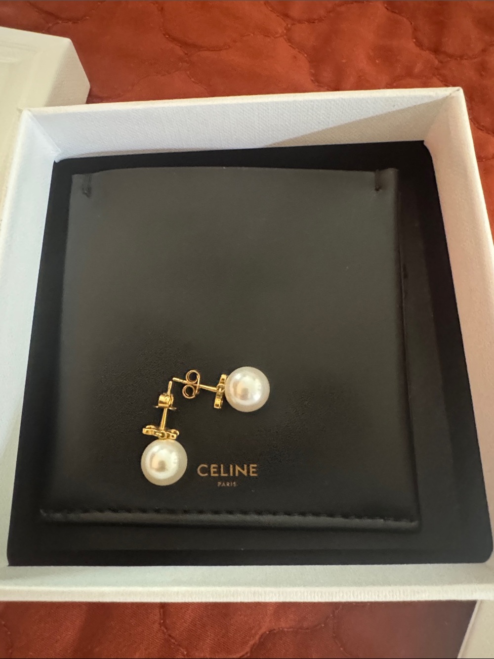 Celine Gold Pearl Drop Stud Earrings - White Pearls